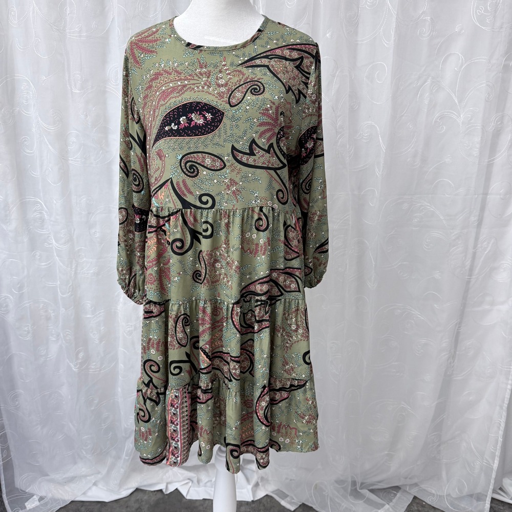 Paani Sage Green Paisley Tiered Babydoll Dress Long Sleeve Boho Mini Small - Picture 1 of 7